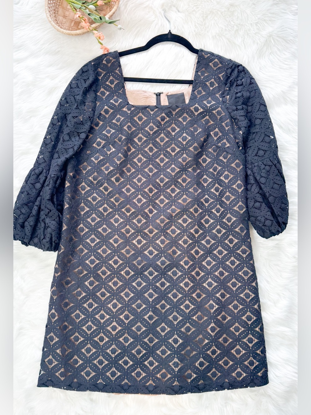 Anna Sui Black lace eyelet dress long sleeve shift dress size 6